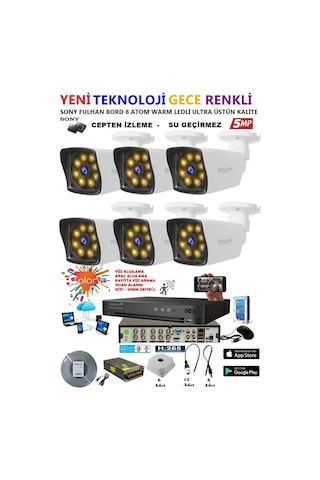 6 Kameralı Gece Renkli 8 Adet Warm Ledli Yeni Nesil 5 Mp Kuruluma Hazır Güvenlik Kamerası Seti