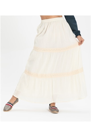 Uzun Şile Bezi Dantelli Etek Krem Krm