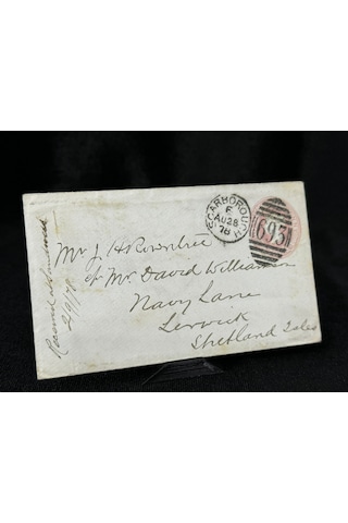 İngiltere Klasik Dönem 1878 Victoria Dönemi Pink Penny Kendinden Pullu Antiye Zarf Postadan Geçmiş