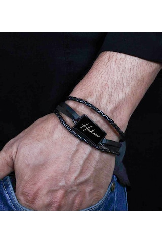 Bk Gift Kişiye Özel İsimli Deri Örme Metal Tasarım Erkek Bileklik, Arkadaşa Hediye, Sevgiliye Hediye, Erkek Aksesuar Hediyeleri Sarı