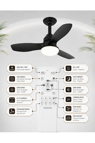 German New Black Super Fan 60 Cm Kalın Kanat Dim Ayarlı Tavan Vantilatörü Rgb Led 16 Renk Sessiz Sinek Kovar