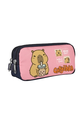 Capybara Kız Çocuk İki Bölmeli Kalem Çantası - Lacivert - Pembe - 5205 Çok Renkli