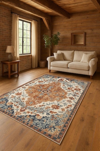 Vintage Desen Turuncu Mavi Renk Modern Halı Dekoratif Kilim Turuncu