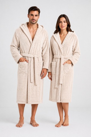 Pamuklu Kapüşonlu Banyo Bornozu Yumuşak Doku Çeyiz Cepli Kemerli Unisex Bej