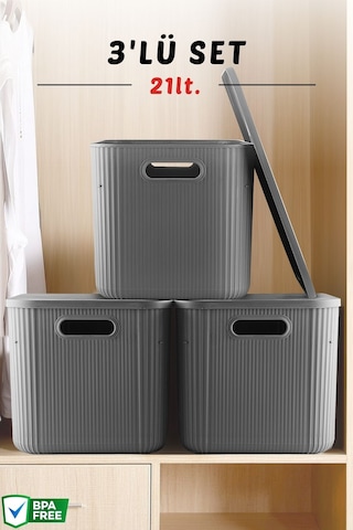 3'lü Set Çok Amaçlı Düzenleyici Depolama Kutusu Antrasit 21lt