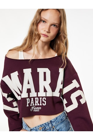 Koton Şardonlu Uzun Kollu Baskılı Kayık Yaka Oversize Crop Sweatshirt Bordo 6wal10574ık Bordo