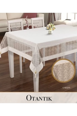 Buradabulabilirsin Keten İşlemeli Masa Örtüsü 160x220 Cm Dantelli Yemek Masası Örtüsü Otantik Model Krem Bbz