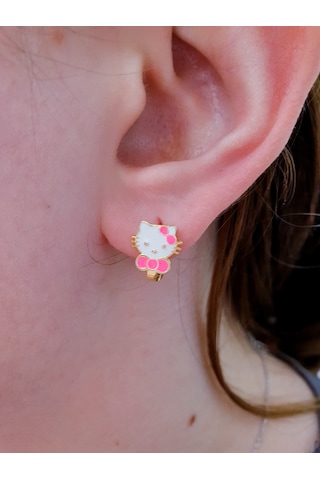 22 Ayar Altın Kaplama Pembe Fiyonklu Kedili Gümüş Çocuk Küpesi