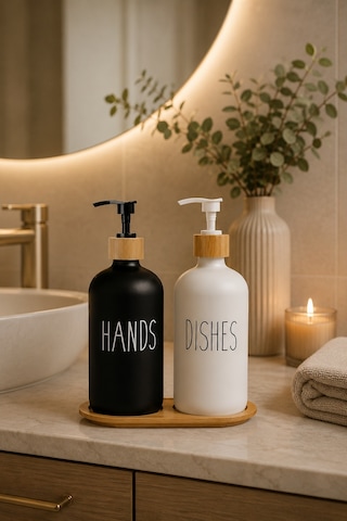 2 Li Beyaz Mutfak Sıvı Sabunluk Seti 500ml+500ml Bambu Tepsili