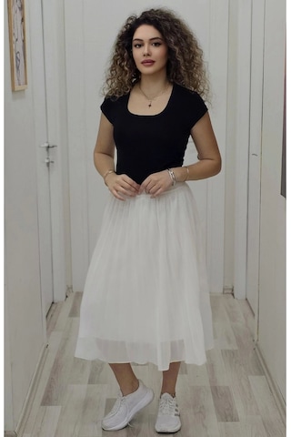 Beli Lastikli Pliseli Etek 6018-beyaz Beyaz