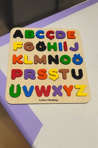 Alfabe Harf Puzzle - Ahşap Tabanlı Ve Pla Harflerden Eğitici Oyuncak 21x25cm Büyük Harfler