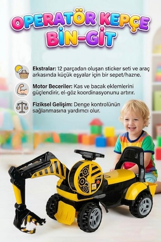 Bin Git Kepçe Binilebilir Manuel Kontrol Edilebilir Kepçeli 12 Parça Stickerlı Oyuncak İnşaat Aracı Çok Renkli