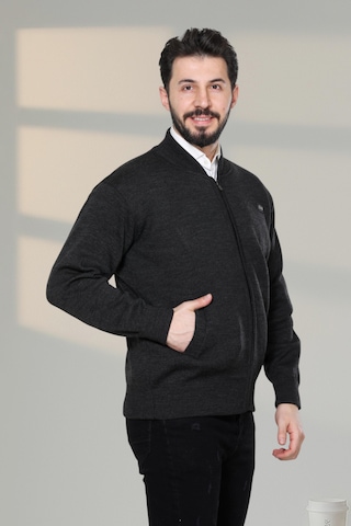 Kzctekstil Erkek Baba Ve Orta Yaş Triko Çelik Örgü İçi Astarlı Düz Akrilik Fermuarlı Cepli Baba Hırka Antrasit