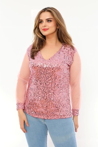 Pullu Kolları Tül Bluz Somon