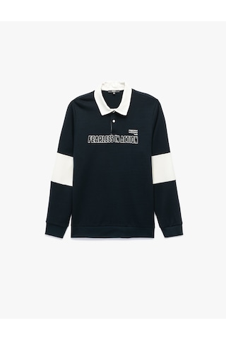 Koton Pamuklu Regular Fit Renk Bloklu Düğmeli Baskılı Polo Yaka Sweatshirt Lacivert 7wam70046mk