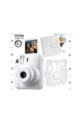 Fujifilm Instax Mini 12 Fotoğraf Makinesi + 10'lu Film + Kare Albüm + Şeffaf Kılıf Seti Beyaz