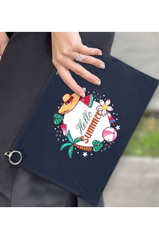 Bk Gift Yaz Temalı-4 Astarlı Lacivert Portföy Çanta 30x21cm, Baskılı El Çantası, Organizer Çanta