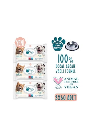 Pet Love Evcil Hayvan Temizleme Mendili Doğal Argan Yağlı 3 x 60 Adet