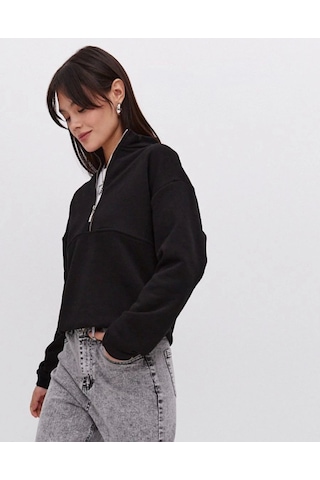 Etiler Collection Oversize Yarım Farmuarlı Yakalı Basic Sweatshirt - Siyah