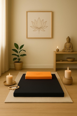 60x60 Meditasyon Minderi Seti İkili Yoga Meditasyon Minderi Lotus Çiçeği Baskılı Meditasyon Minderi Siyah - Turuncu