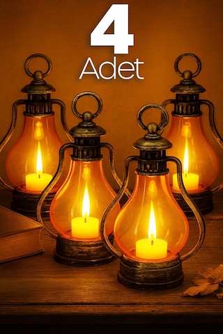 4lü Led Mum Vintage Retro Gaz Lambası Tipi Pilli Dumansız Alevli Dekoratif Yapay Mum Lamba Bakır Sarı