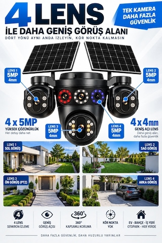 20mp 4 Lensli Solar Güvenlik Kamerası 16x Dijital Zoom Çift Solar Panel Full Hd Gece Görüş Siren Hieasy