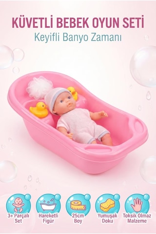 Küvetli Bebek Banyo Seti 25 Cm Oyuncak Bebek Ve Küvet Aksesuarlı Tam Set Krem
