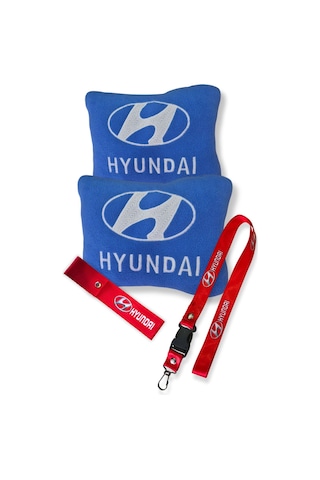 Hyundai Nakışlı Mavi Polar Ortopedik Seyahat Araç Boyun Yastığı / Oto Ayna Askısı & Tampon Çeki İpi Mavi