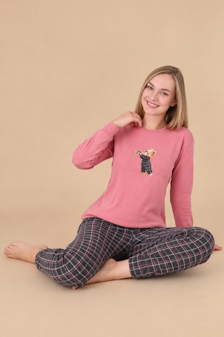 Wordex Fawn 6001 İnterlok Sevimli Ayıcık Desenli Kışlık Ev Kadın Pijama Takımı Gül Kurusu
