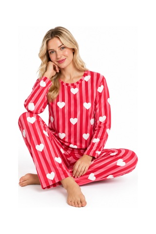 Sleeeproom Kadın Süet Mevsimlik Çizgili Kalp Desen Pijama Takımı Kırmızı Kalpli