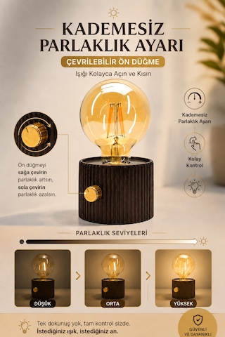 Şarjlı Masa Lambası Abajur Dimmer Parlaklık Ayarlı Gece Masa Üstü Lamba Kahve 712 Kahverengi