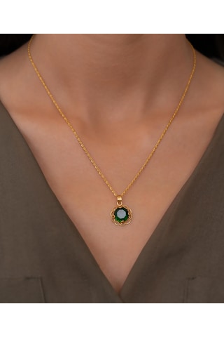 Bayar Gold 14 Ayar Altın Yeşil Taşlı Telkari Kolye Sarı Altın