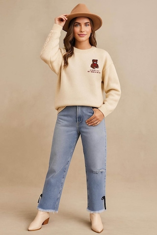 Fashion Friends Bisiklet Yaka Nakışlı Ekru Kadın Kazak 25k0313k1 Ekru