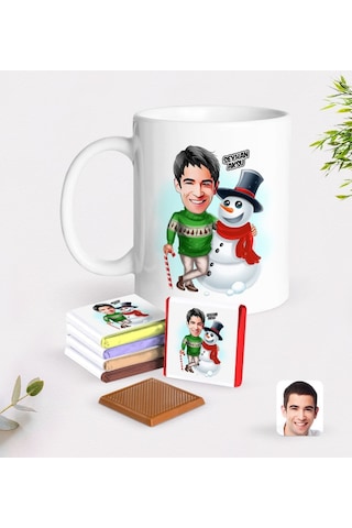 Kişiye Özel Erkek Yeni Yıl Karikatürlü Beyaz Kupa Ve Çikolata Hediye Seti-3
