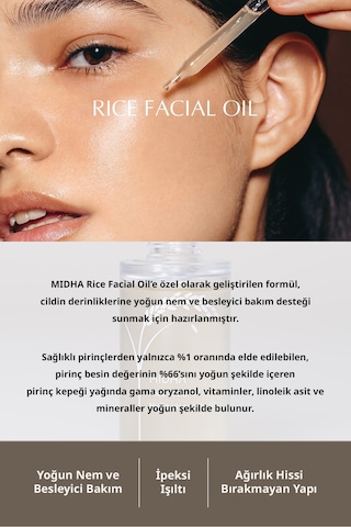 Midha Rice Facial Yoğun Nemlendirici ve Besleyici Pirinç Kepeği Yağı İçerikli Yüz Bakım Yağı 30 ML
