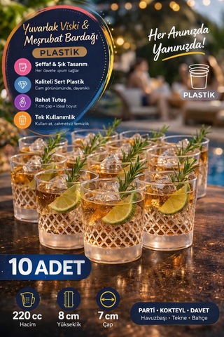 10 Lu Yuvarlak Desenli Plastik Viski Bardağı I Sert Şeffaf Kokteyl Meşrubat Bardak Parti 220 Cc