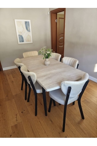 6 Kişilik Yemek Masa Takımı 1adet 80 X 130 Açılabilir Mdf Masa 6 Adet Elma Sandalye Krem - Traverten