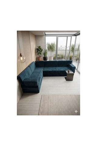 Premium Kadife Kumaş, Konforlu Yer Kanepesi ,modüler Şark Köşesi Takımı - Mavi - 40 Cm- L Set