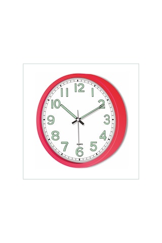 Gece Görünen Kırmızı Çerçeveli Kasalı 22 Cm Fosforlu Duvar Saati Kırmızı