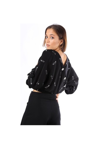 Modatalika Bayan Günlük Çengeli İğne Desenli Siyah Bluz Siyah