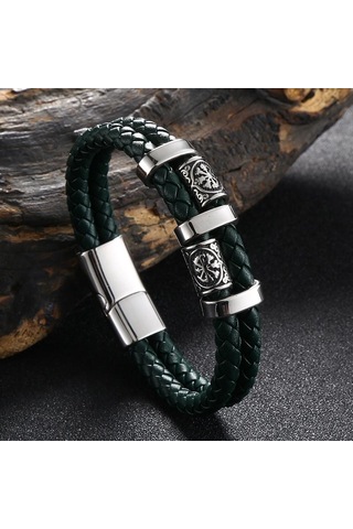 Yeni Paslanmaz Çelik Deri Halat Bileklik İskandinav Viking Serisi Çift Katmanlı Dokuma Deri Erkek Bilekliği Yeşil