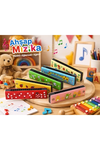 Çocuklar İçin Ahşap Mızıka Çocuk Oyuncağı Renkli Desenli Müzik Aleti Eğitici Eğlenceli Hediye 1 Adet
