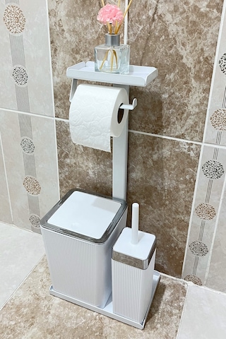 6 Parça Banyo Seti Çöp Kovası, Wc Fırça, Tuvalet Kağıtlık, Diş Fırçalık, Sıvı Sabunluk, Sabunluk Beyaz - Krom