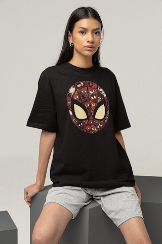 Maske Örümcek Adam Baskılı Unisex Oversize Marvel Tişört Siyah
