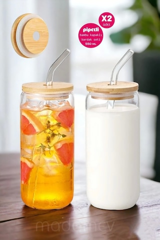 Tilbe Home 2li Bambu Kapaklı Pipetli Cam Bardak 550 Ml