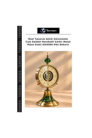 Özel Tasarım Antik Görünümlü Cam Kaideli Hareketli Çarklı Metal Masa Saati Alk6068 Oda Dekoru