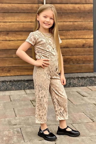 Riccotarz Kız Çocuk Boydan Üzeri Dantel İşlemeli Şeffaf Tül İçi Astarlı Bej Tulum Bej