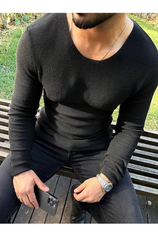 Elku Moda Kazak Örme Tüylenmez Naturel Pamuk Kazak Slim Fit Triko Dar Kesim Body Kazak Siyah
