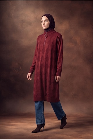 Armine Trend Baklava Desenli Fermuar Yaka Uzun Triko Tunik Bordo 25ktd4112