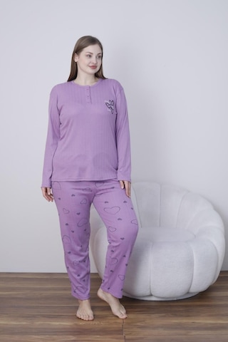Lindros Kadın Pamuk'lu Düğme Yaka Raporlu İnterlok Kışlık Battal Pijama Takımı 05141 - 1 Adet Mor